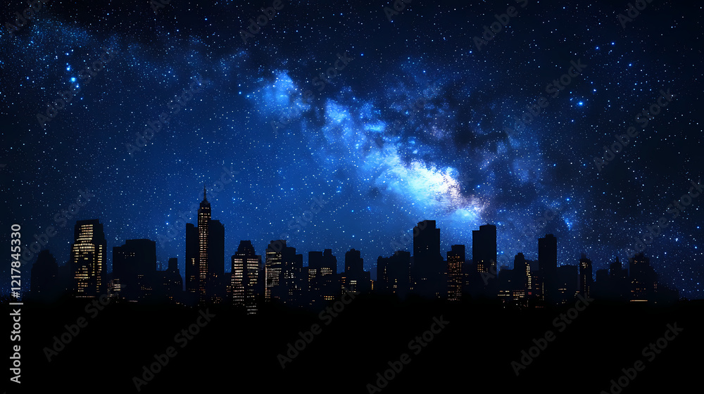 Fototapeta premium City skyline silhouette under a starry night sky with the milky way galaxy glowing brightly in the background. Stellar Horizon. Illustration