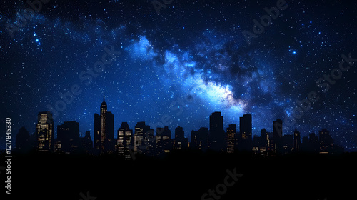 City skyline silhouette under a starry night sky with the milky way galaxy glowing brightly in the background. Stellar Horizon. Illustration