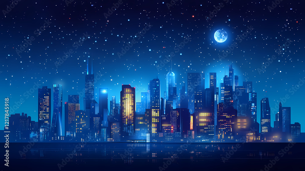 Futuristic cityscape at night: a digital metropolis gleaming under a starry sky. Stellar Horizon. Illustration
