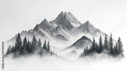 Misty mountain peak, coniferous forest, serene landscape, digital art, nature print