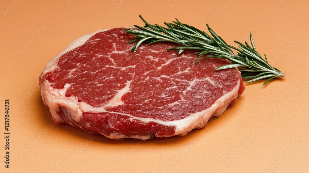 Raw Ribeye Steak with Rosemary Sprig on an Orange Background Raw Ribeye Steak with Rosemary Sprig on an Orange Background