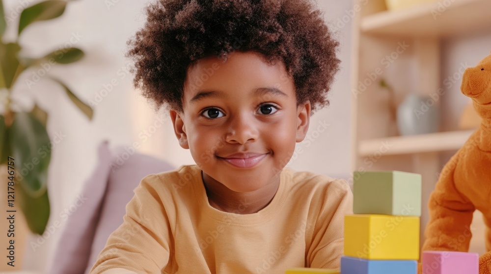 Fototapeta premium Portrait of a cheerful preschool child playing with colorful building blocks in a cozy home environment