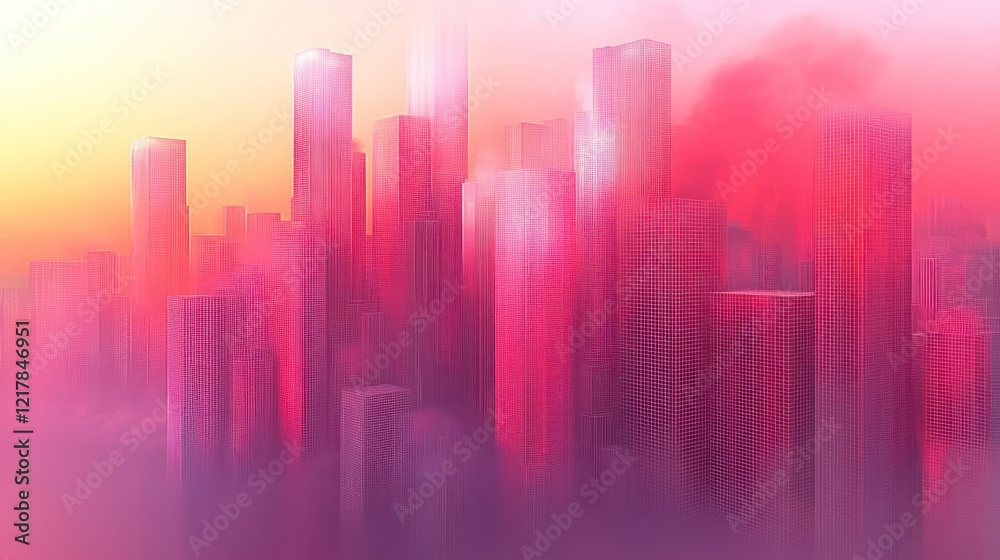 Pink city skyline at sunset, shrouded in fog. Pink city skyline at sunset, shrouded in fog.