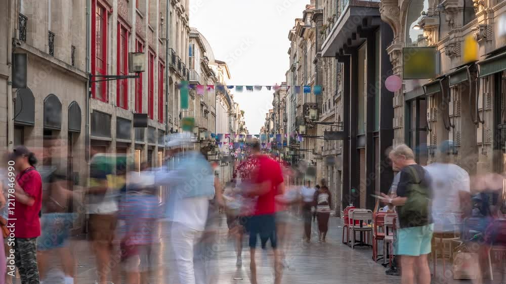 Tourists and locals walking and shopping in Rue Sainte-Catherine timelapse, Bordeaux, France. The longest pedestrian street in the country. Colorful flags decorate the street. Atmosphere of urban life