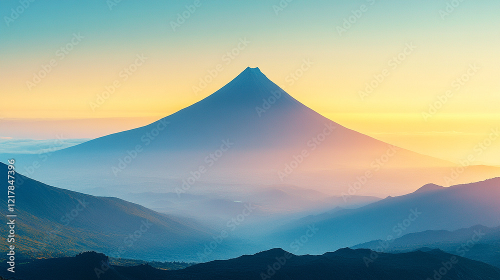 Silhouette of a volcanic peak against a clear sky with soft-focused mountains below, a minimalistic and bright tone creating an empty blank caption space on the side, evoking calm amidst chaos

