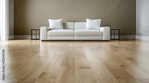 Modern living room, white couch, hardwood floor, minimalist design, interior design