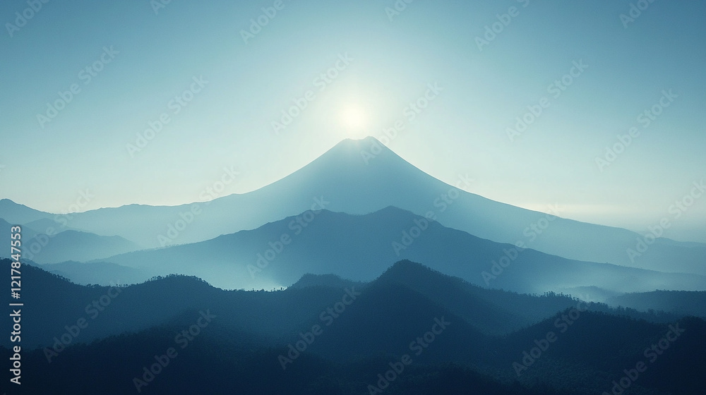 Silhouette of a volcanic peak against a clear sky with soft-focused mountains below, a minimalistic and bright tone creating an empty blank caption space on the side, evoking calm amidst chaos
Silhouette of a volcanic peak against a clear sky with soft-focused mountains below, a minimalistic and bright tone creating an empty blank caption space on the side, evoking calm amidst chaos