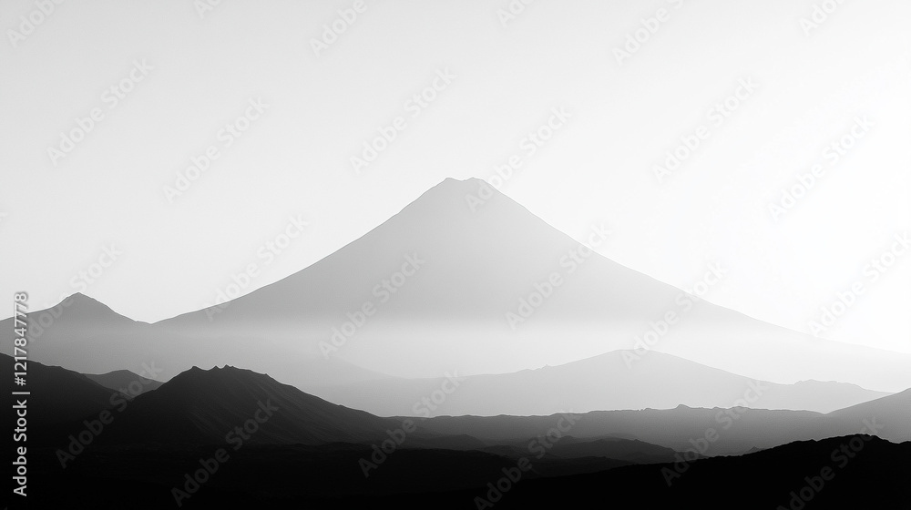 Silhouette of a volcanic peak against a clear sky with soft-focused mountains below, a minimalistic and bright tone creating an empty blank caption space on the side, evoking calm amidst chaos
Silhouette of a volcanic peak against a clear sky with soft-focused mountains below, a minimalistic and bright tone creating an empty blank caption space on the side, evoking calm amidst chaos