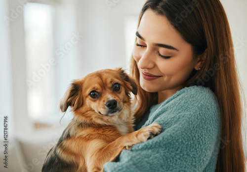 Wallpaper Mural Young woman is cuddling her cute puppy at home, showing love and care Torontodigital.ca