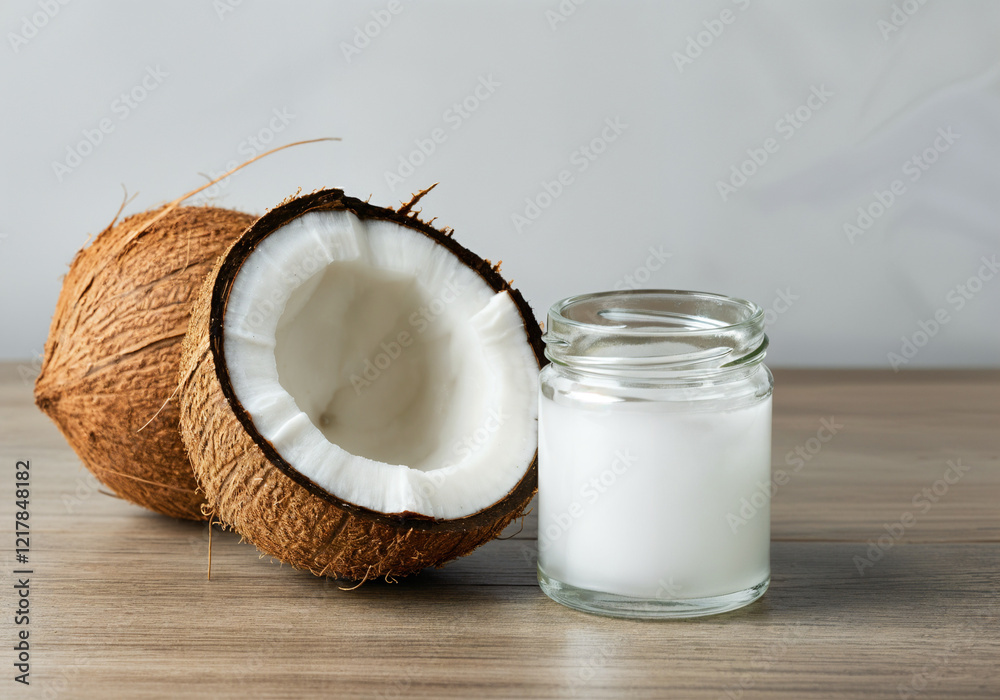 Coconut oil in a small glass jar with coconut halves on a wooden table, promoting natural skincare and healthy eating Coconut oil in a small glass jar with coconut halves on a wooden table, promoting natural skincare and healthy eating