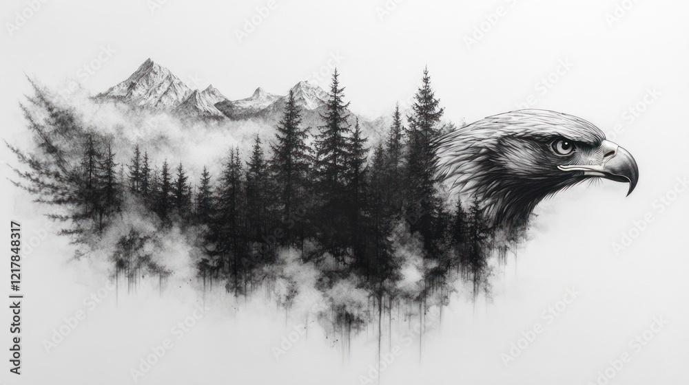 Fototapeta premium Majestic eagle, mountain forest, misty landscape, charcoal art, nature print
