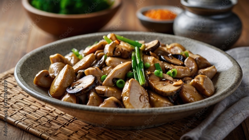 Moo Goo Gai Pan with Tender Chicken and Mushrooms in Savory Sauce Moo Goo Gai Pan with Tender Chicken and Mushrooms in Savory Sauce