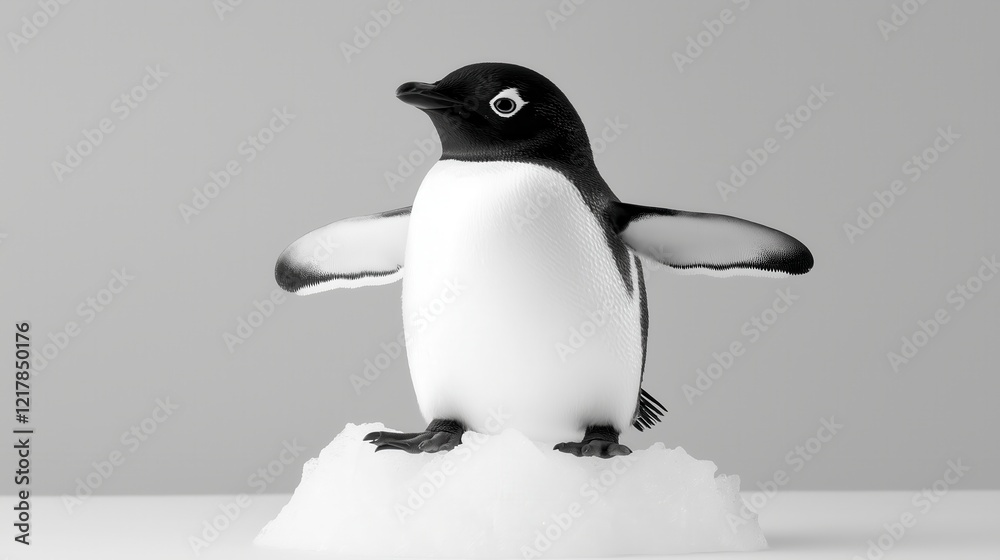 Obraz premium Charming penguin on ice displaying playful pose against minimalist gray background for wildlife and nature concepts