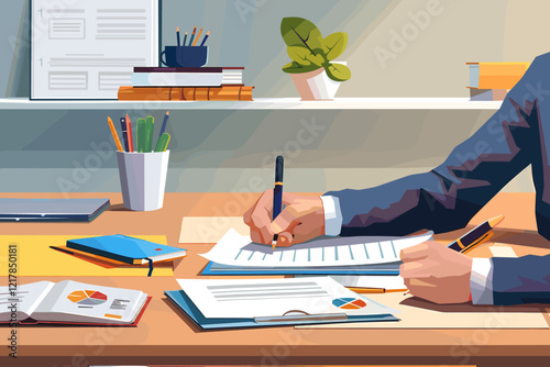 Corporate professional signing insurance documents at office desk.