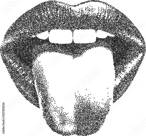 Mouth vintage y2k stipple art, tongue halftone stipple brutalist retro vector png with transparent background, lips 2000s aesthetic photocopy effect tattoo