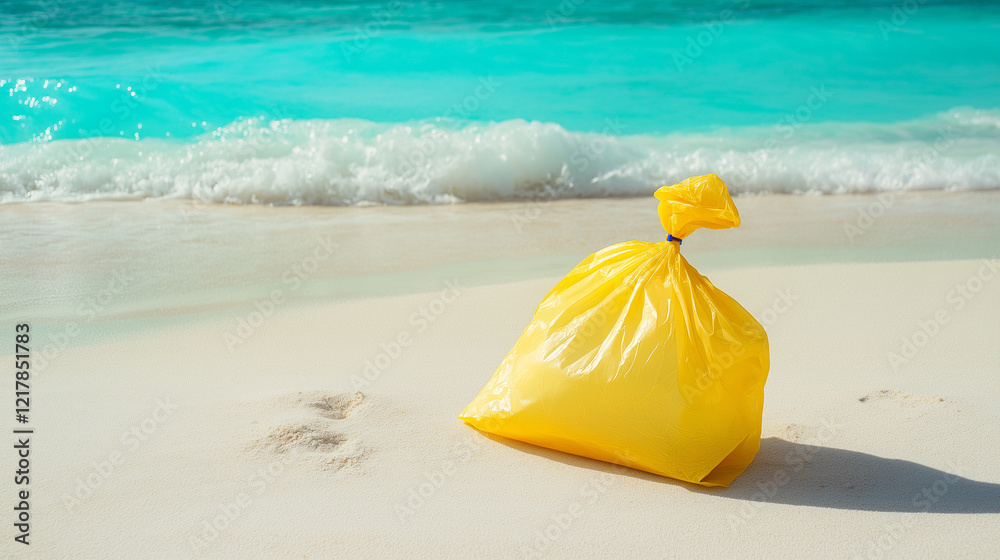 Gelber Abfallsack am Strand vor türkisfarbenem Wasser
Gelber Abfallsack am Strand vor türkisfarbenem Wasser