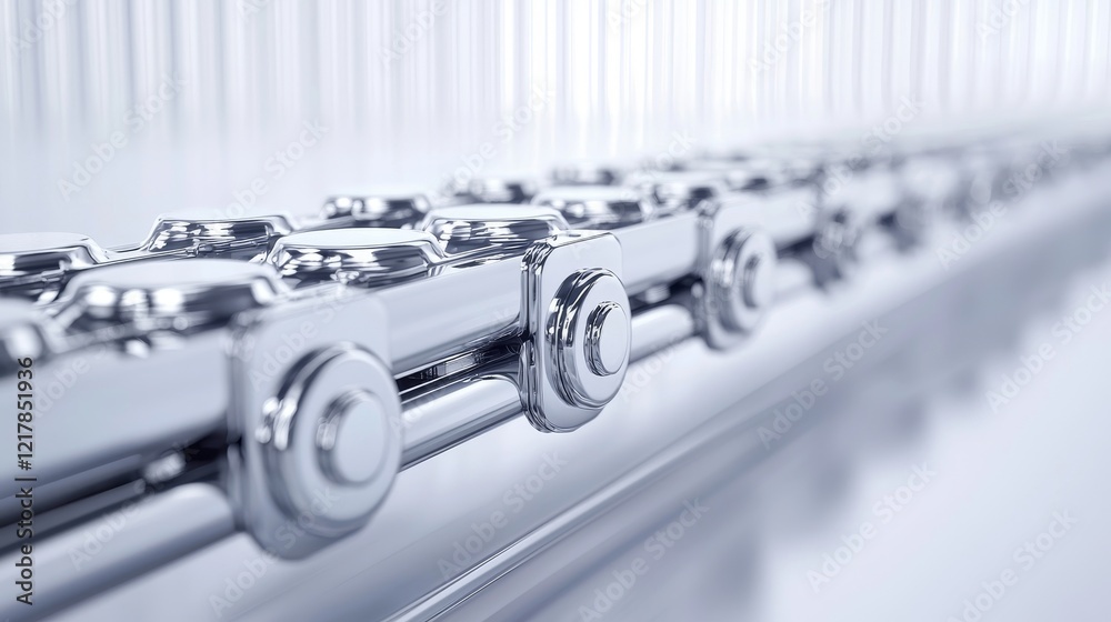 Close-up of a sleek conveyor belt system in various angles, fine mechanical details visible against a soft white background, technical design focus Close-up of a sleek conveyor belt system in various angles, fine mechanical details visible against a soft white background, technical design focus
