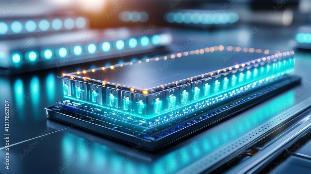 Close-up of a sleek row of EV battery modules with visible metallic casing and glowing blue accents, set in a high-tech workshop, futuristic battery concept