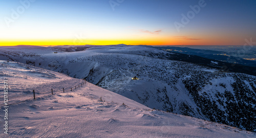 Fototapeta Naklejka Na Ścianę i Meble -  sunset in Krkonose mountains during winter on poland and czech republic border