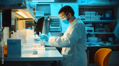 A radiopharmacist in a laboratory, handling and preparing radiopharmaceuticals for nuclear medicine procedures Generative AI photo