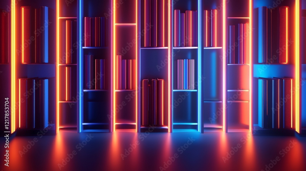 A white bookshelf in an abstract setting, books arranged in a geometric pattern with bright neon accents, surreal art style, dynamic lighting, high-detail, pop art aesthetic A white bookshelf in an abstract setting, books arranged in a geometric pattern with bright neon accents, surreal art style, dynamic lighting, high-detail, pop art aesthetic