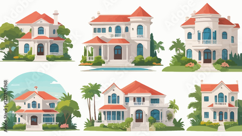 Isometric villa icon set. Suburban house composition with swimming pool and lawn vector illustration. Infographic element representing suburban building. Private home businesses in real estate