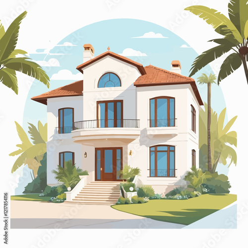 Modern villa house with pool. Modern estate, contemporary townhouses, villas and country house architecture flat vector illustration set. Hand drawn realistic houses