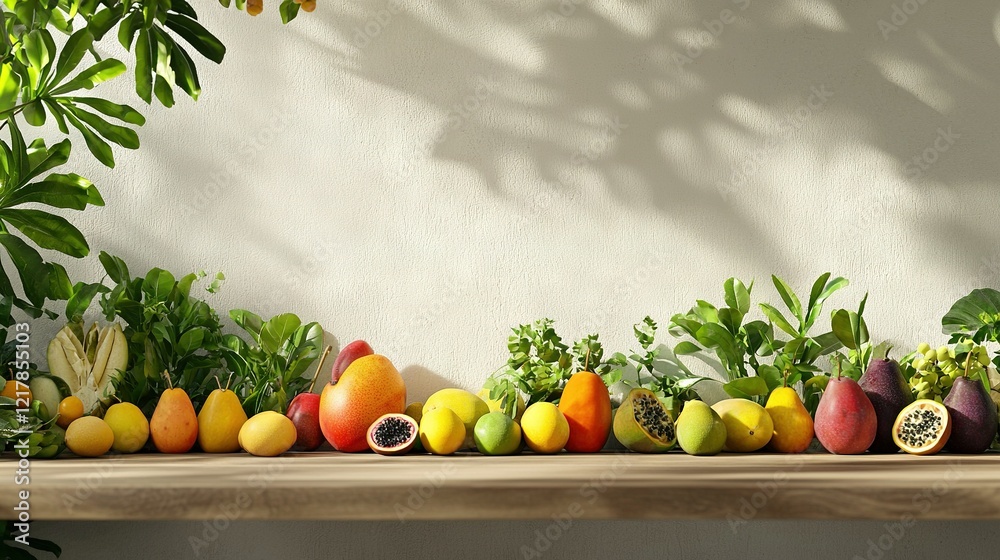 A collection of various fruits and veggies adorns a wooden table against a white backdrop, subtly hinting at the presence of a nearby tree A collection of various fruits and veggies adorns a wooden table against a white backdrop, subtly hinting at the presence of a nearby tree