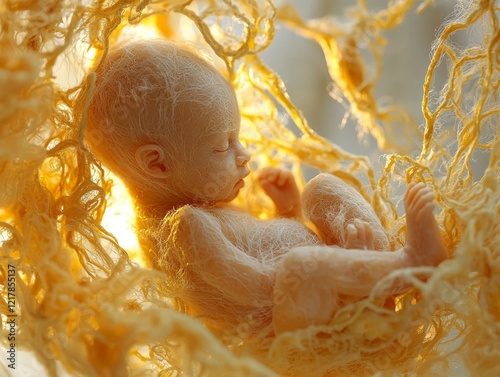 realistic human embryo in its initial growth stage is suspended in clear amniotic sac. Soft lighting accentuates intricate veins and delicate skin creating serene atmosphere. photo