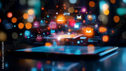 A close-up of a tablet screen showcasing a drag-and-drop email builder, bright and vivid icons of popular email platforms like Mailchimp and HubSpot in the background, Modern Digital