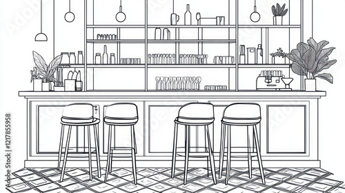 Interior cafe sketch, bar, plants, shelves, modern design, background scene. Possible Use Stock photo photo