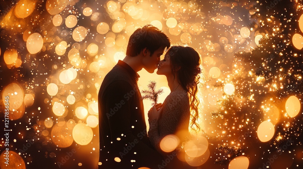 couple embraces and kisses tenderly beneath mistletoe surrounded glow of candlelight and twinkling lights from decorated Christmas tree creating cozy holiday atmosphere. couple embraces and kisses tenderly beneath mistletoe surrounded glow of candlelight and twinkling lights from decorated Christmas tree creating cozy holiday atmosphere.
