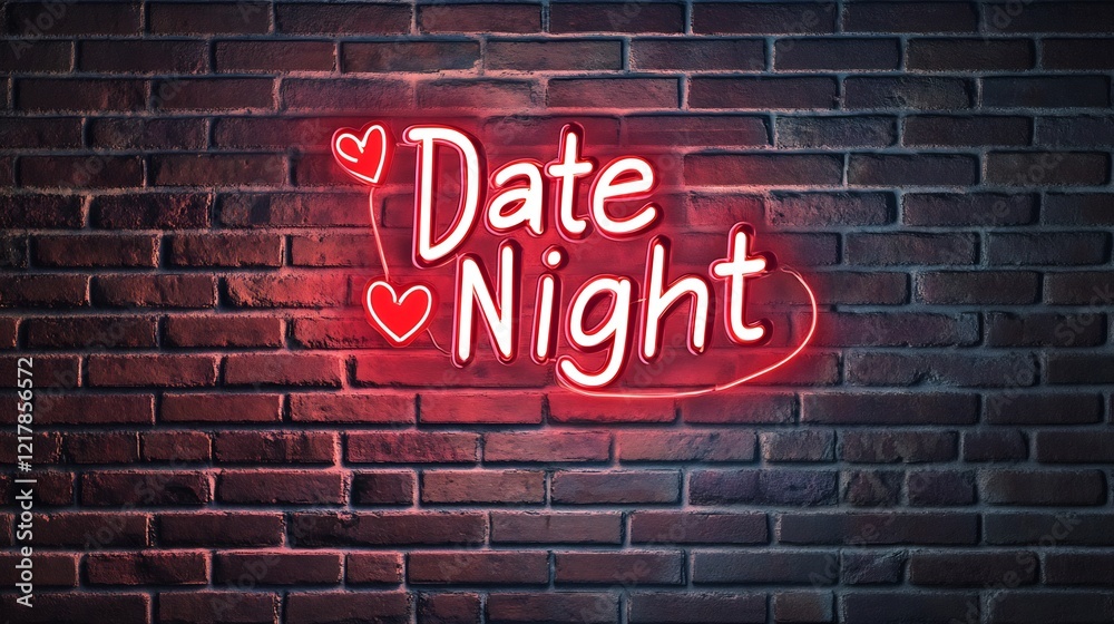 Fototapeta premium Neon Date Night sign against a brick wall with romantic LED lighting and a red Valentines Day vibe