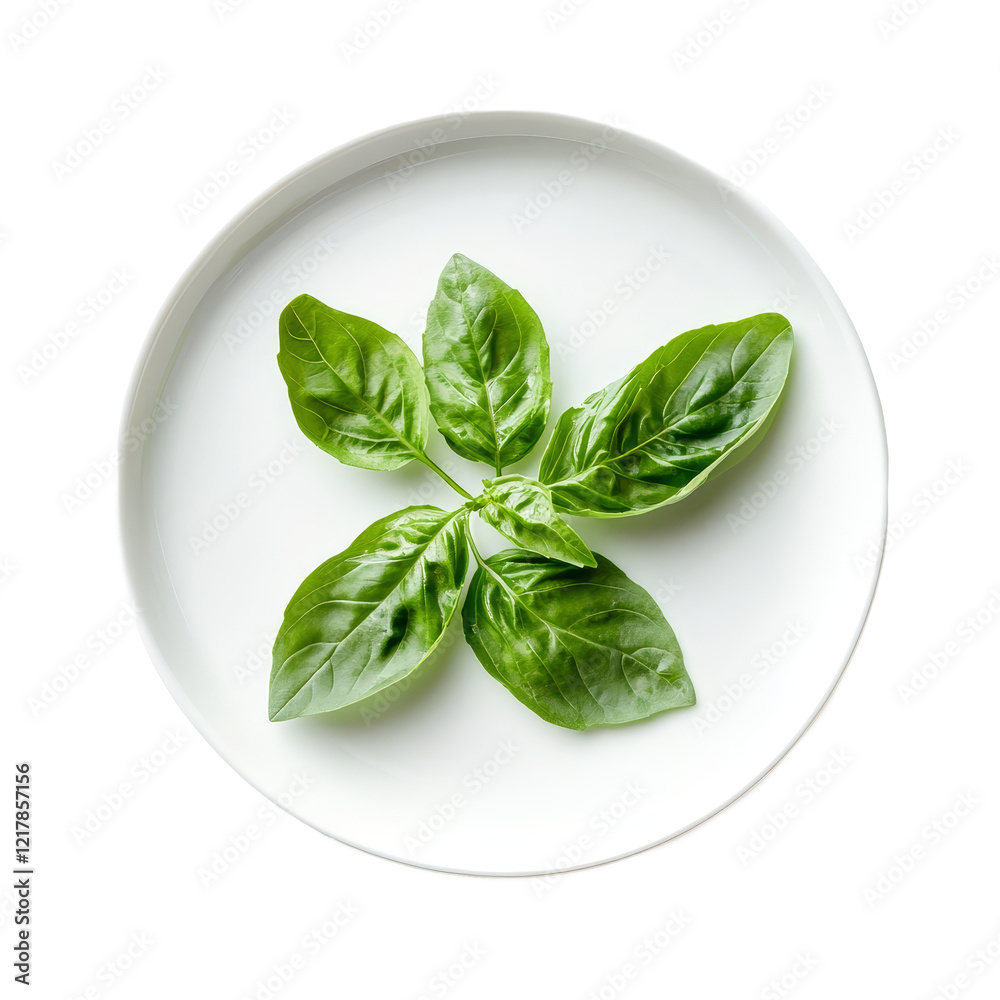 Fresh sweet basil leaves elegantly arranged on a transparent plate against a clean transparent background, Sweet Basil in transparent plate on transparent background Fresh sweet basil leaves elegantly arranged on a transparent plate against a clean transparent background, Sweet Basil in transparent plate on transparent background