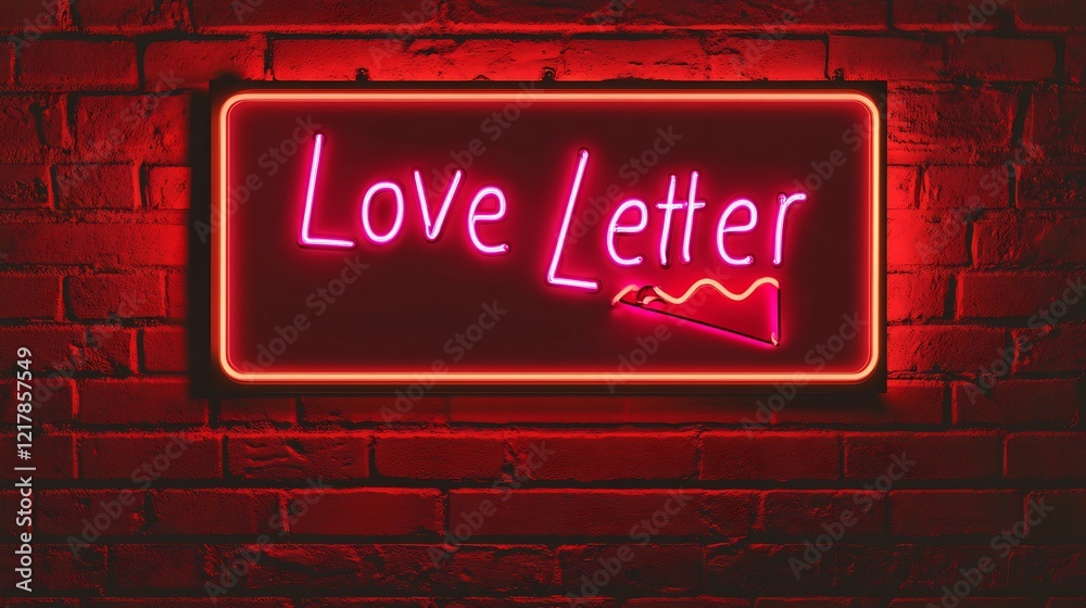 Fototapeta premium Neon Love Letter sign glowing on a red brick wall ideal for a Valentines Day celebration poster
