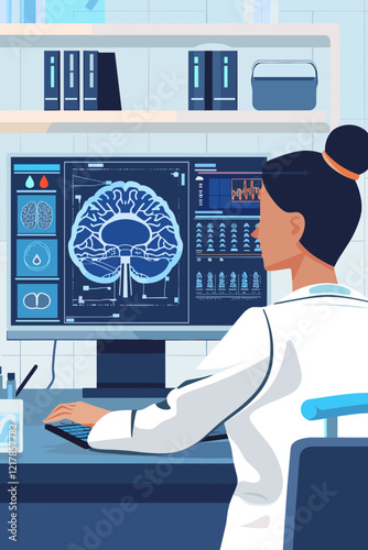 Doctor Analyzing Digital Holographic Brain Data in Laboratory for Dementia and Alzheimer Research