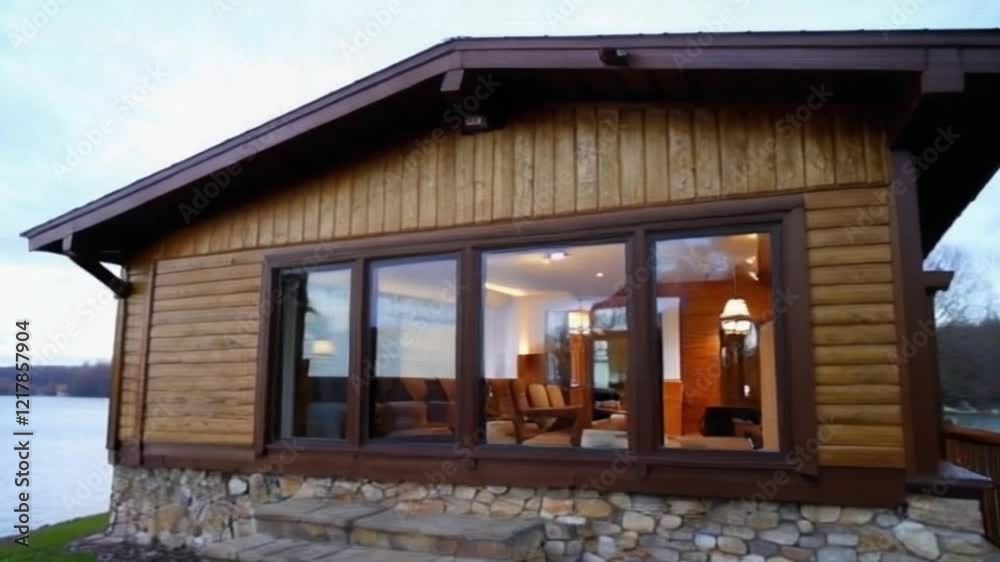 Cozy wooden cabin, lakeside retreat, large windows, warm interior lighting, dusk, reflective water, modern rustic architecture, serene atmosphere, nature getaway, minimalist design, panoramic view, tr Cozy wooden cabin, lakeside retreat, large windows, warm interior lighting, dusk, reflective water, modern rustic architecture, serene atmosphere, nature getaway, minimalist design, panoramic view, tr