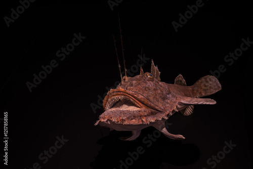 A plastic model of a monkfish emerging from the darkness.
