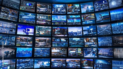 Curved Wall of Monitors Displaying Diverse Data Streams