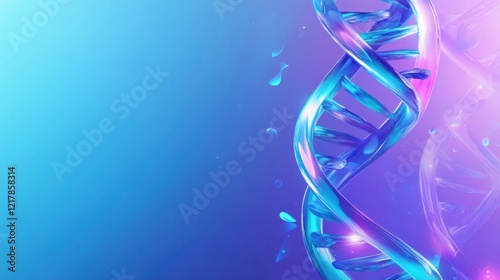 A dynamic illustration of a DNA helix with flowing, luminous strands set against a gradient background of blue and purple hues, Abstract style