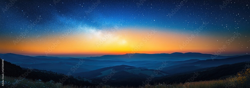 Fototapeta premium Starry Night Over Rolling Hills and Distant Mountains