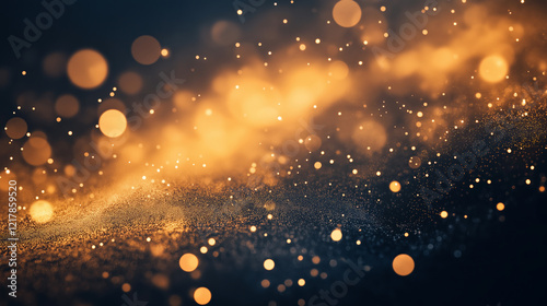 Golden Glittering Particles in a Soft Glow on Dark Background