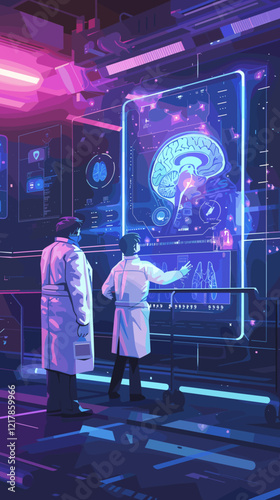 Doctor and surgeon analyzing patient brain scan using futuristic digital interface in modern medical facility, showcasing innovative technology in neuroscience.