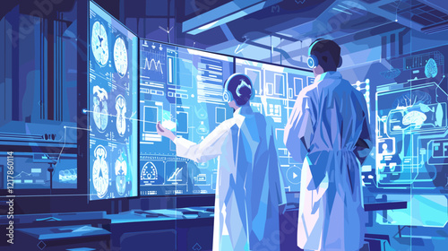 Doctor and surgeon analyzing patient brain scan using futuristic digital interface in modern medical facility, showcasing innovative technology in neuroscience.