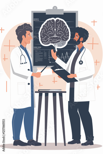 Doctor and surgeon analyzing patient brain scan using futuristic digital interface in modern medical facility, showcasing innovative technology in neuroscience.