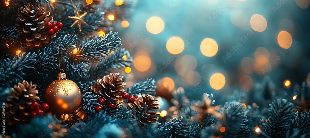 Christmas Tree With Ornaments In Blue And Bokeh Lights - Real Fir Branches With Glittering In Abstract Defocused Background - This Image Contain 3d Rendering Elements Christmas Tree With Ornaments In Blue And Bokeh Lights - Real Fir Branches With Glittering In Abstract Defocused Background - This Image Contain 3d Rendering Elements