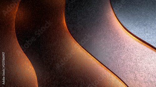 This image showcases an abstract textured surface in warm hues of copper and bronze, blending seamlessly with elegant curves and glowing light.