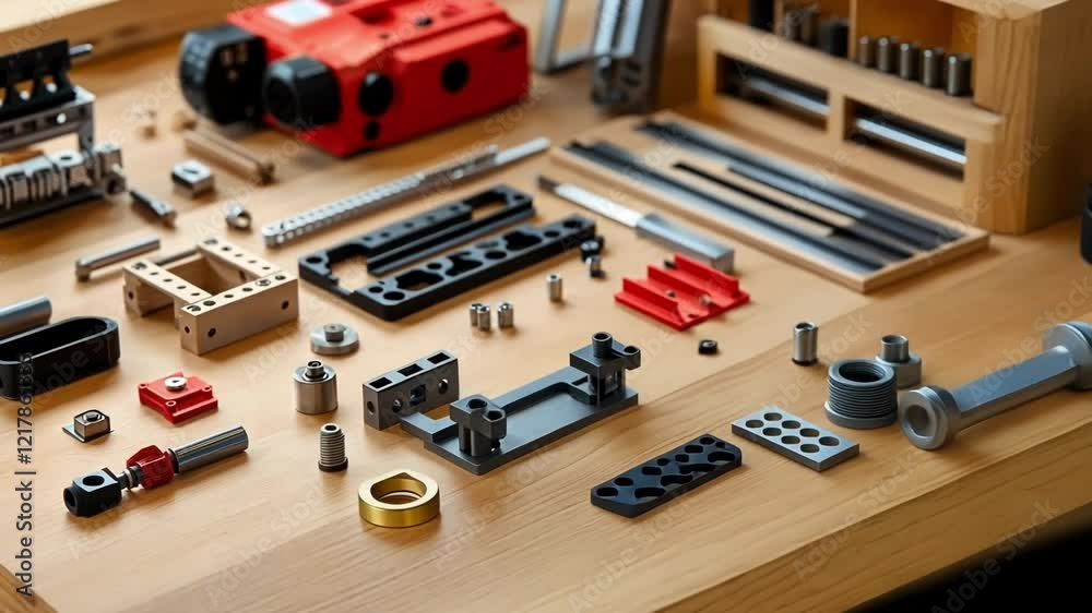 Various mechanical parts, both plastic and metal, are meticulously arranged on a wooden workbench, suggesting ongoing engineering or repair work in a workshop environment Various mechanical parts, both plastic and metal, are meticulously arranged on a wooden workbench, suggesting ongoing engineering or repair work in a workshop environment
