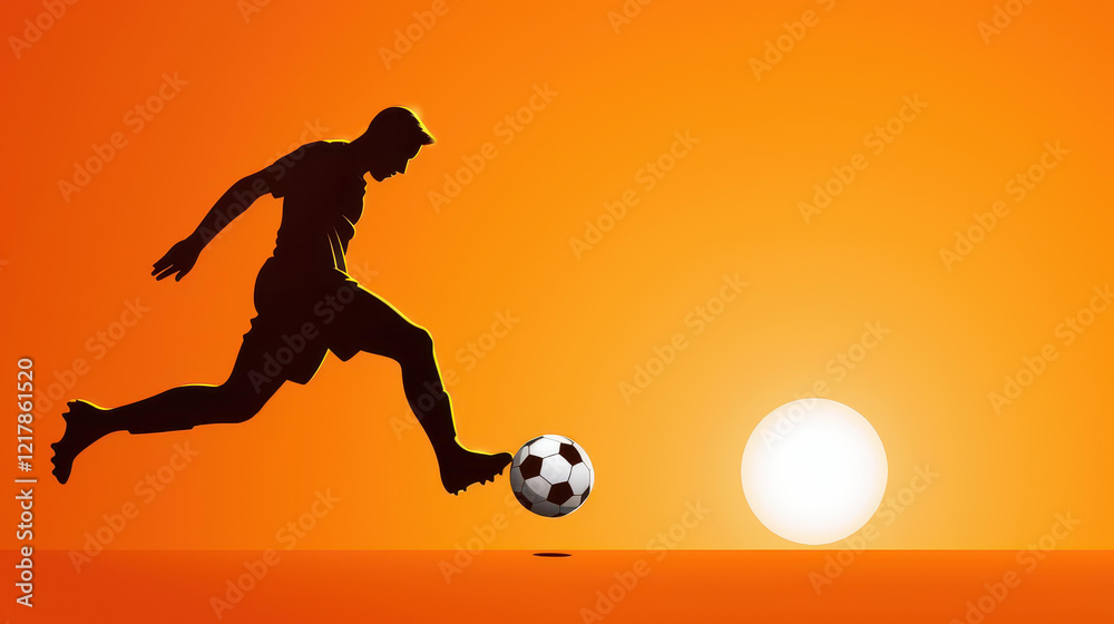 Obraz premium A striking silhouette of a soccer player kicking a ball against a vibrant sunset backdrop, capturing the essence of sport and passion.