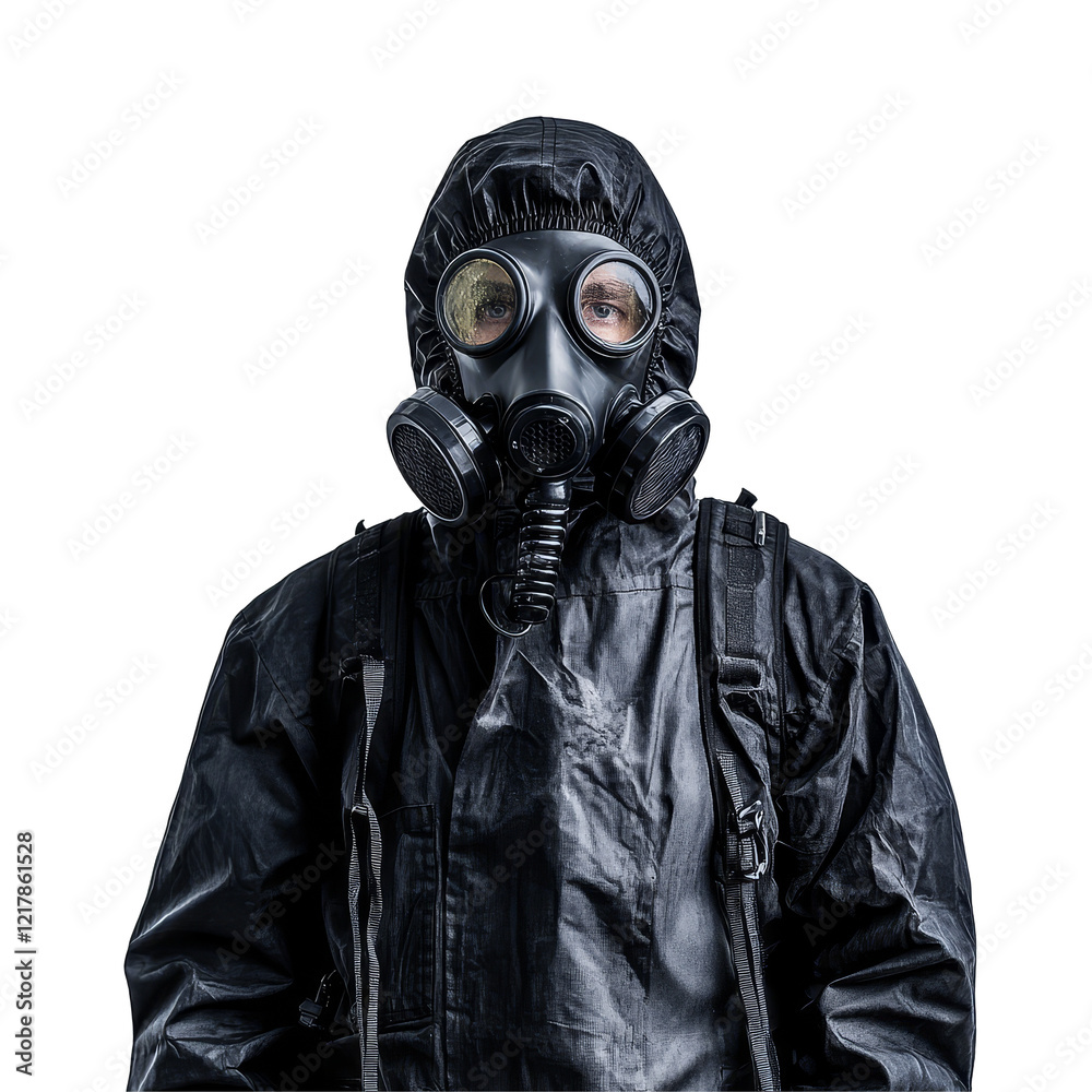 Person in black protective suit and gas mask on a transparent background, emphasizing safety in hazardous conditions, man with gas mask and black protection suit isolated on transparent background Person in black protective suit and gas mask on a transparent background, emphasizing safety in hazardous conditions, man with gas mask and black protection suit isolated on transparent background